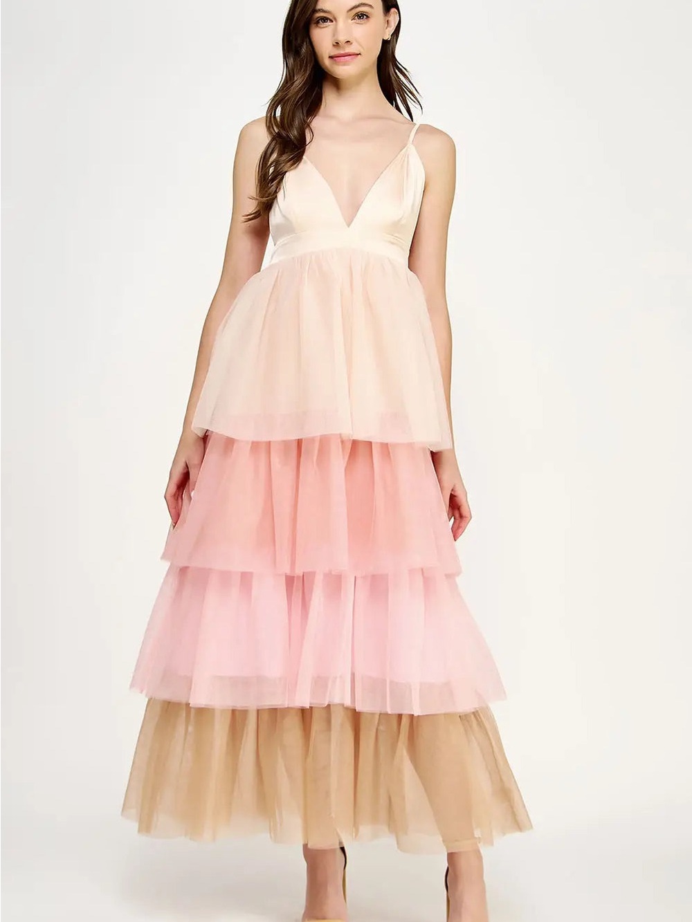 Romantic Layered Tulle Maxi Dress in Blush Pink and Champagne